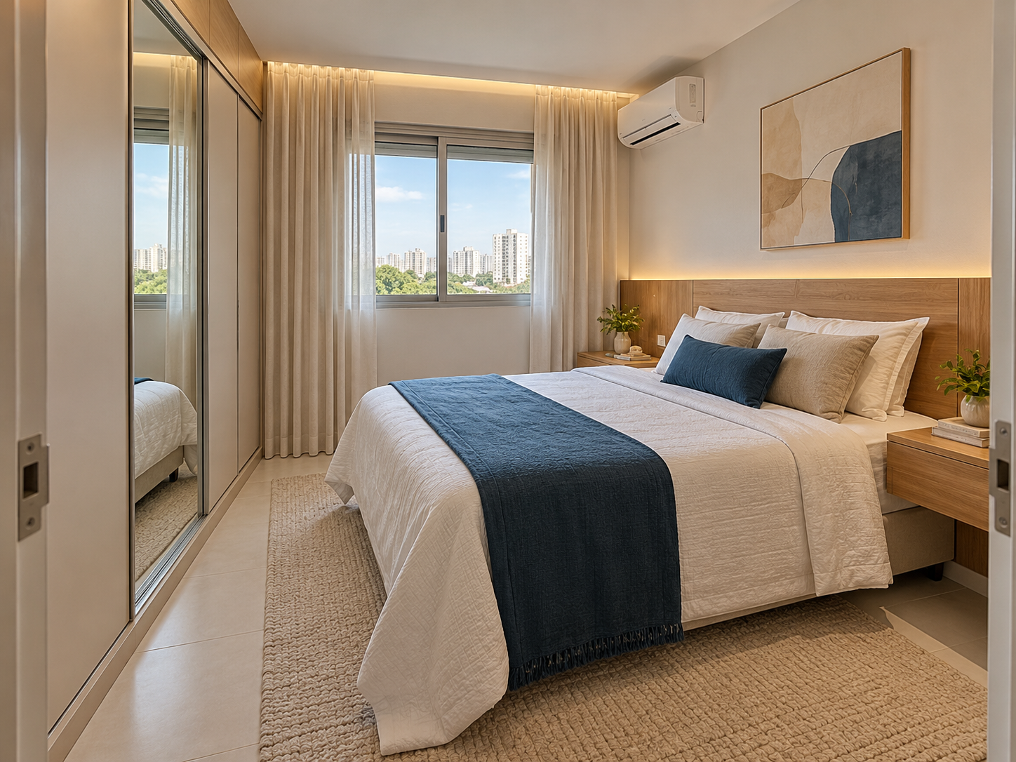 Quarto confortável com roupa de cama em tons naturais