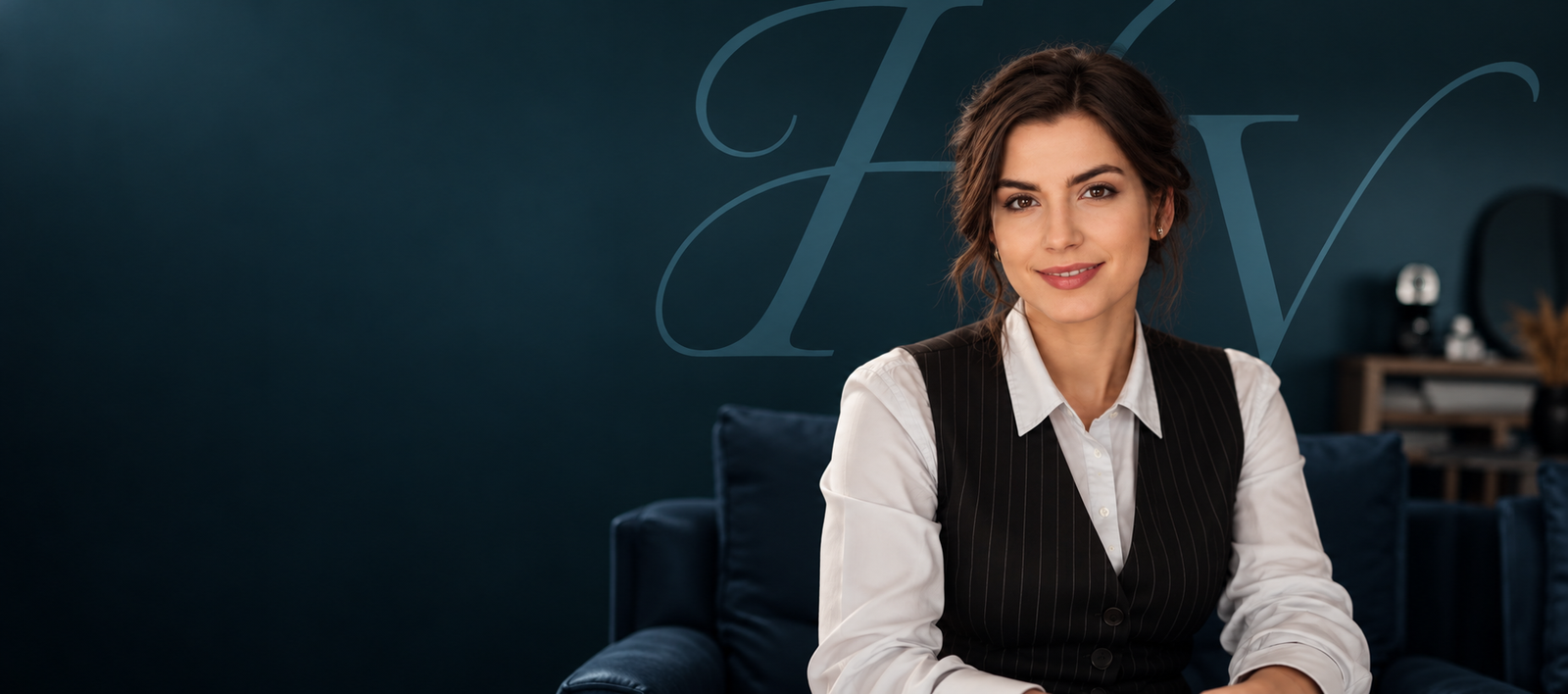 Helena Vilar em um ambiente de arquitetura com fundo azul-petróleo escuro